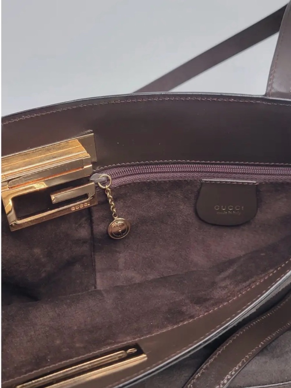 GUCCI G Square Tote Suede Shoulder Bag | Dark Brown with Gold Hardware - Picture 4 of 6